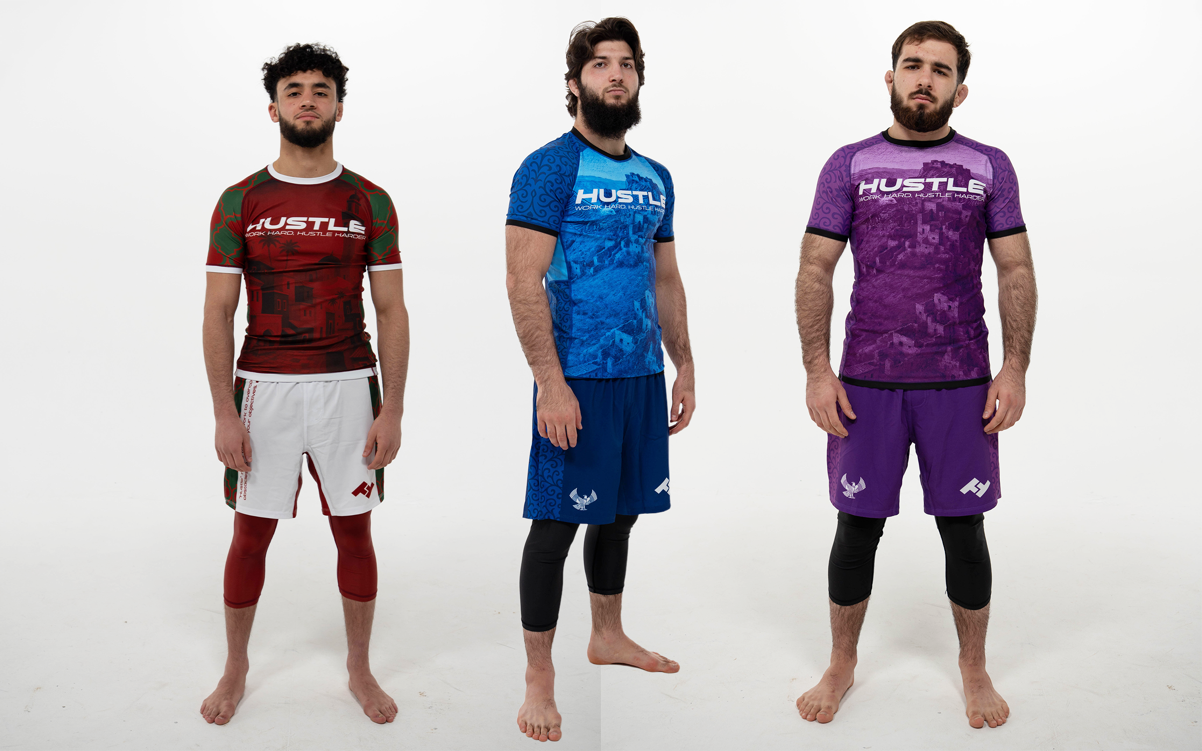 Collection Nation Drop Hustle Fightwear : rashguards Brésil, Maroc et Daghestan exposés