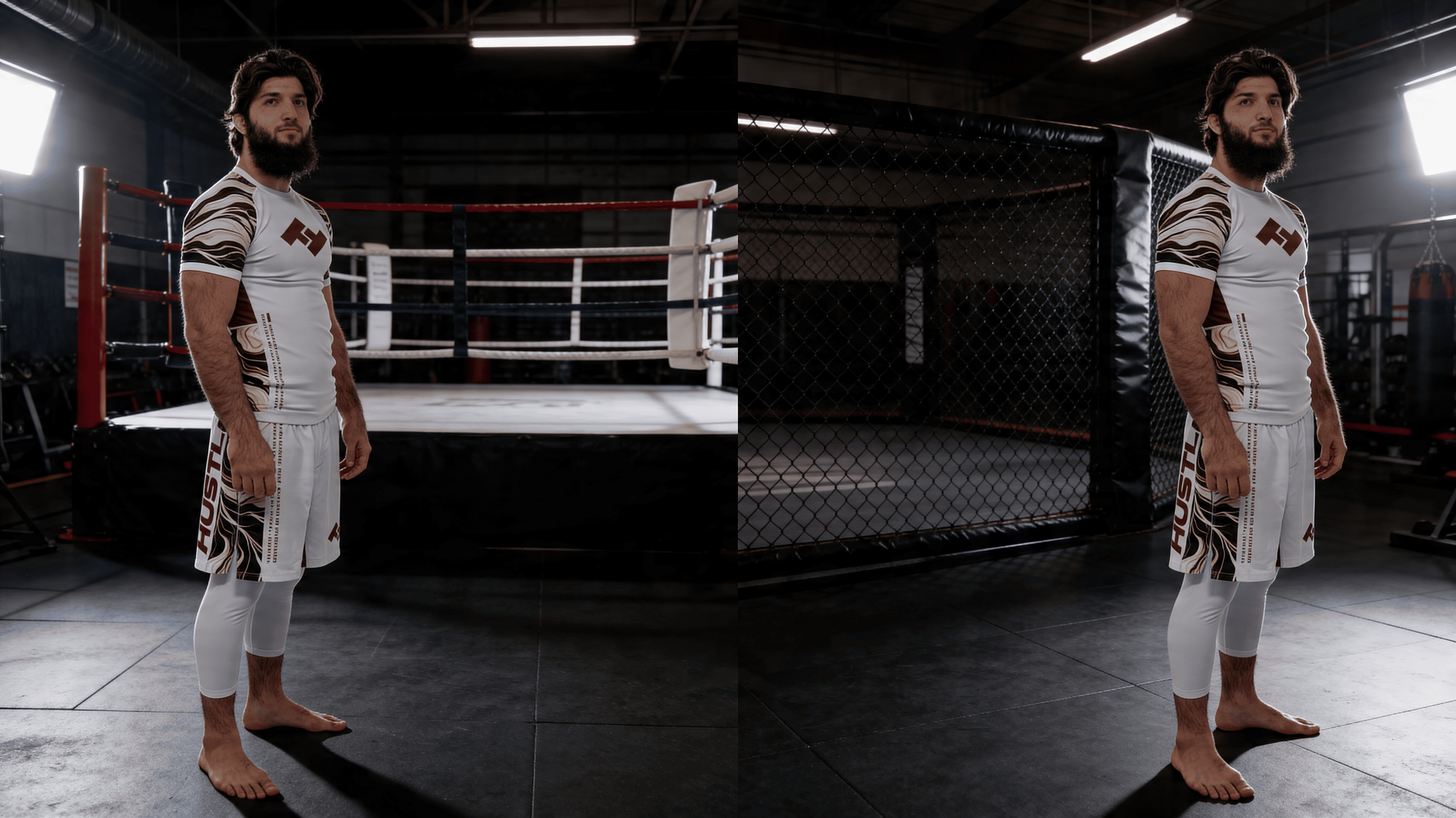 Short de MMA et short de boxe côte à côte sur un banc de salle de combat