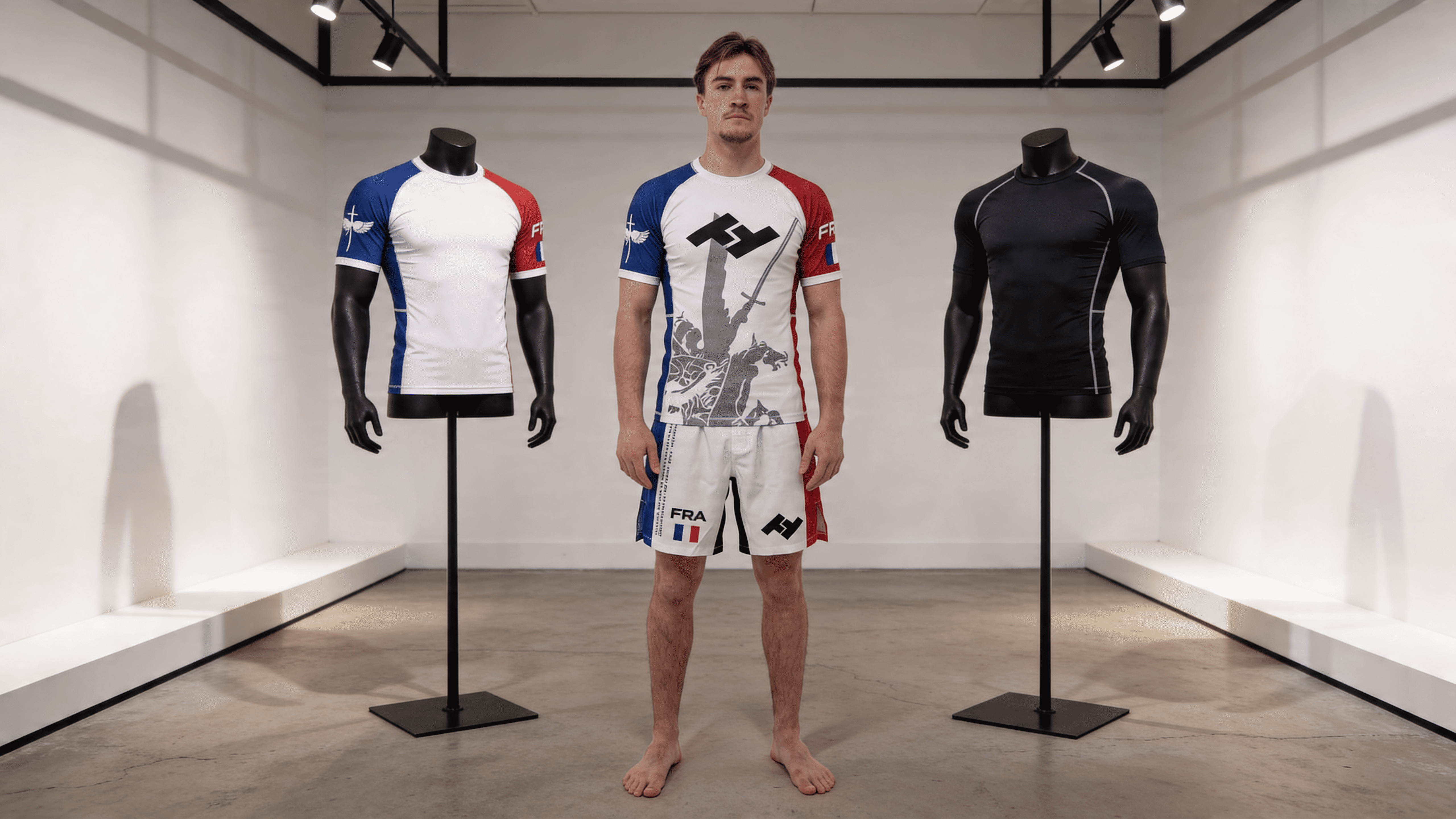 Comparaison entre un rashguard et un t-shirt de compression Hustle Fightwear dans un showroom sports de combat