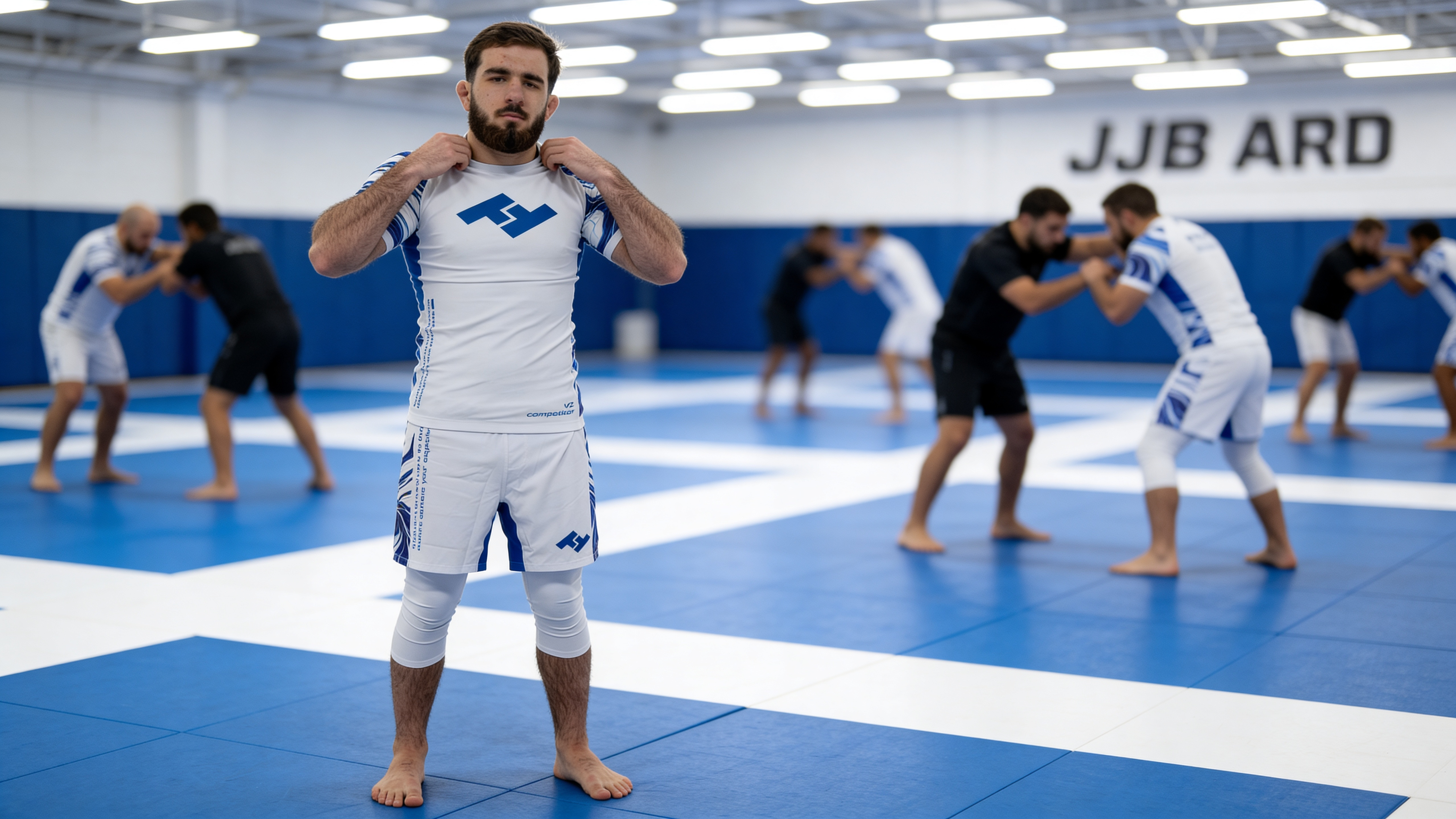 ratiquant JJB en rashguard Hustle Fightwear sur tatamis bleus dans une académie de jiu-jitsu brésilien