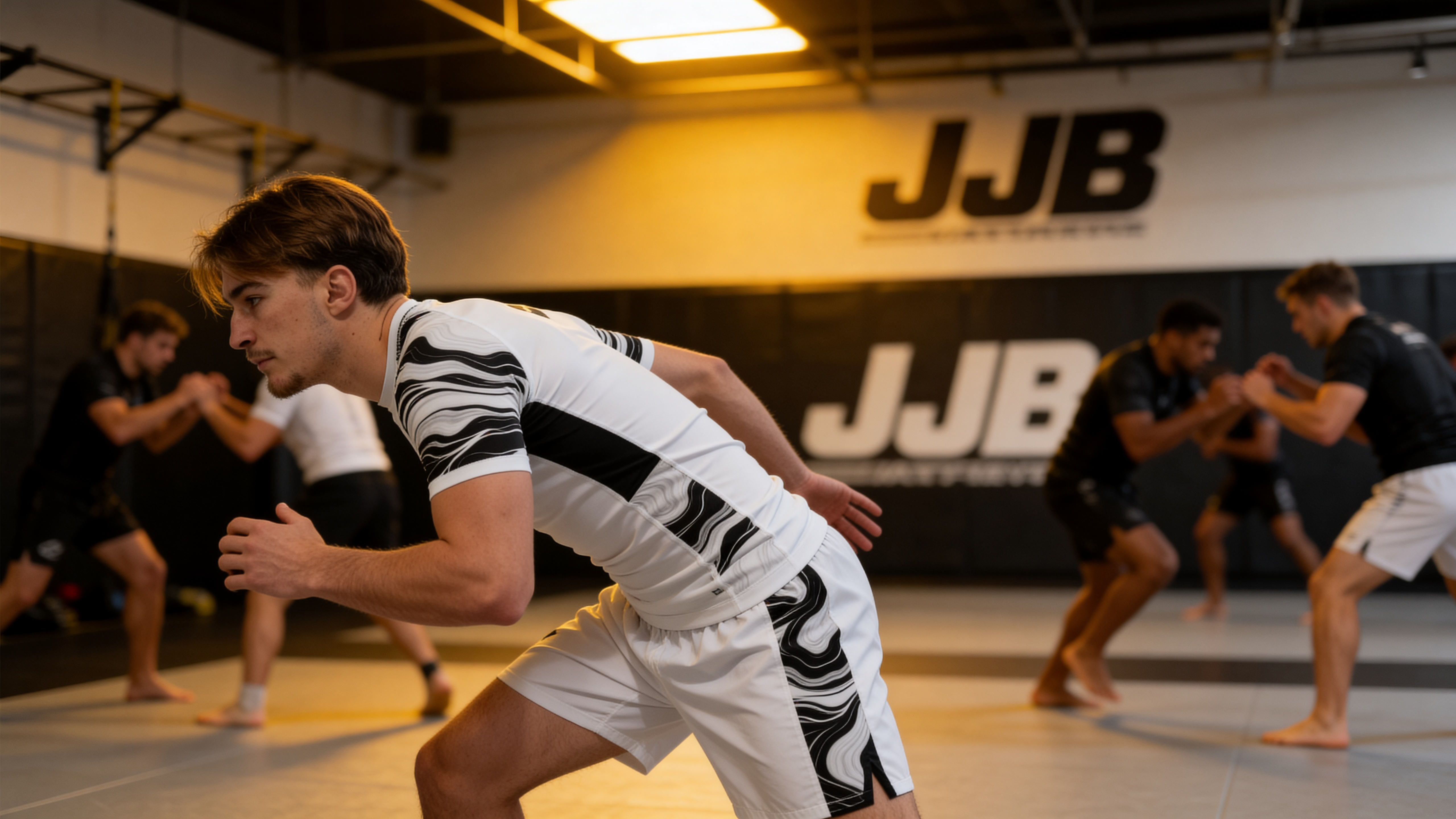 Pratiquant JJB no-gi en rashguard et short Hustle Fightwear sur tatamis