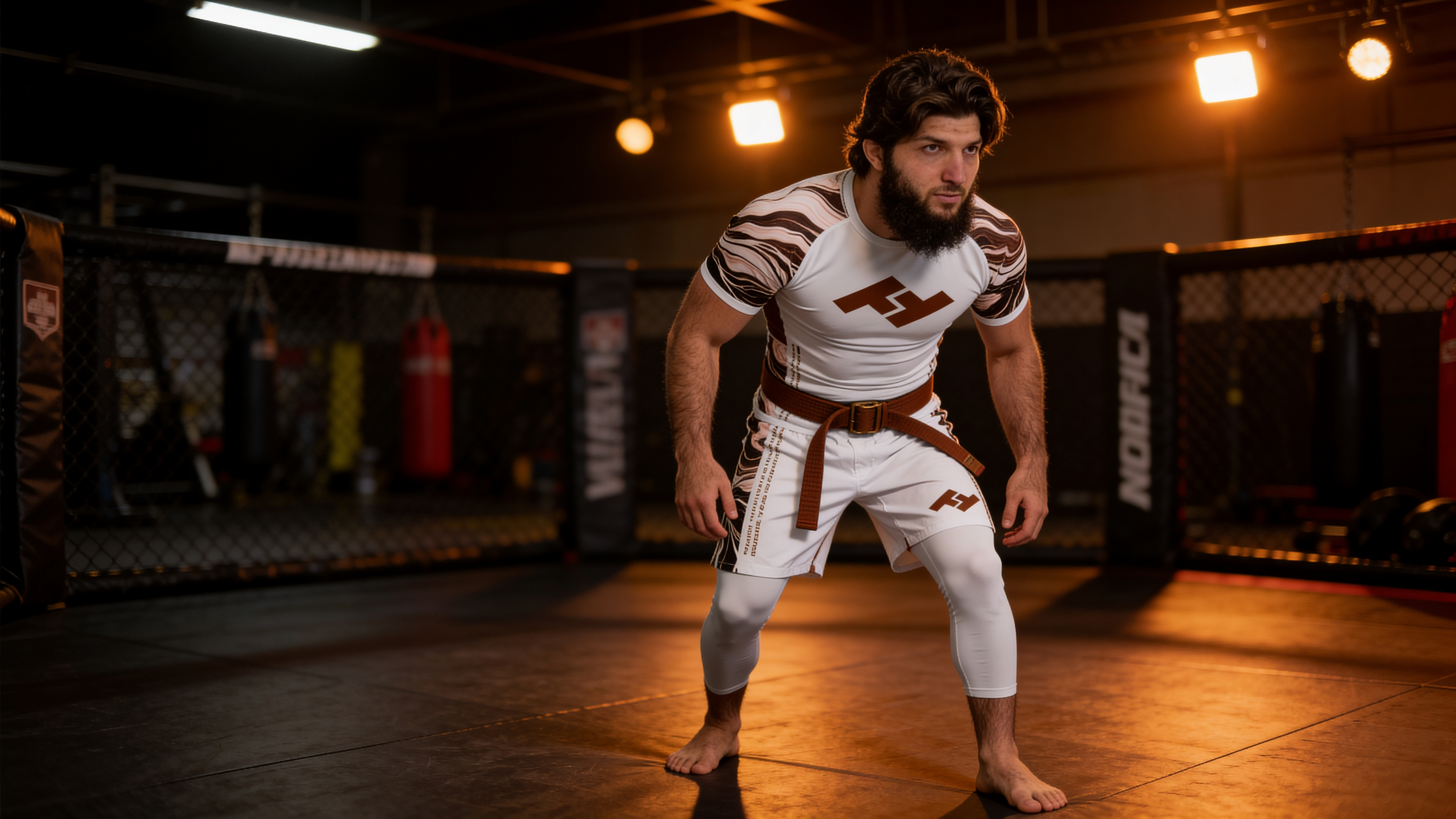 Compétiteur ceinture marron en rashguard avec accents marron Hustle Fightwear