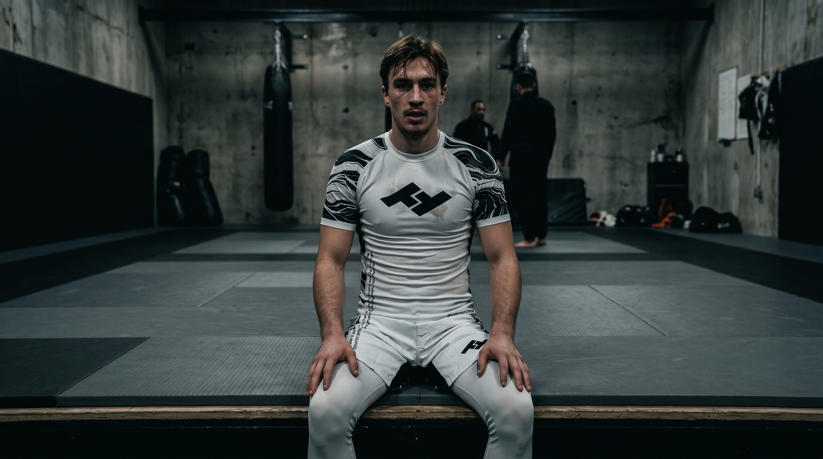 Compétiteur en rashguard Competitor V2 blanc après sparring intensif - feedbacks 3 mois - Hustle Fightwear