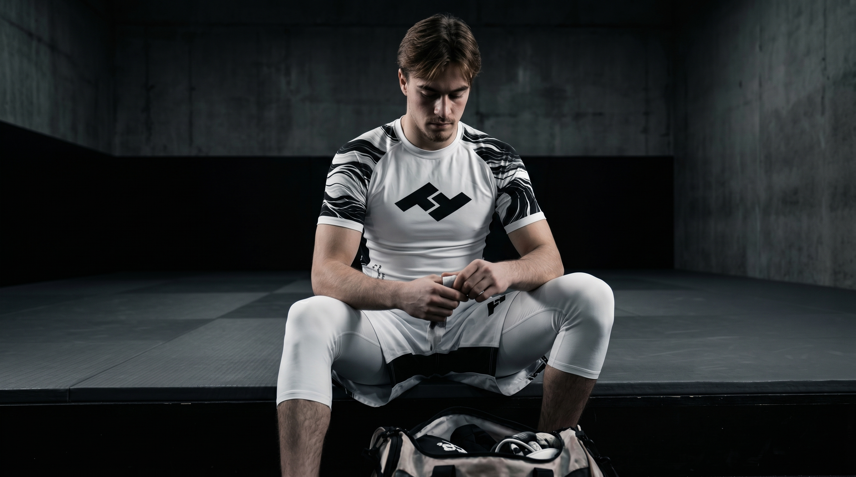 Compétiteur en rashguard blanc Competitor V2 qui prépare son sac bord de tapis avant compétition no-gi - équipement compétition JJB nogi - Hustle Fightwear