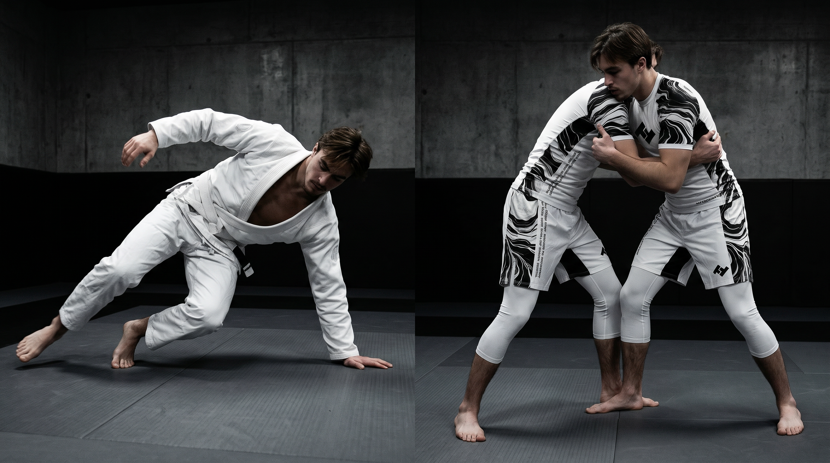 Compétiteur en kimono gi à gauche, en rashguard no-gi à droite sur tatami - guide gi vs no-gi JJB - Hustle Fightwear