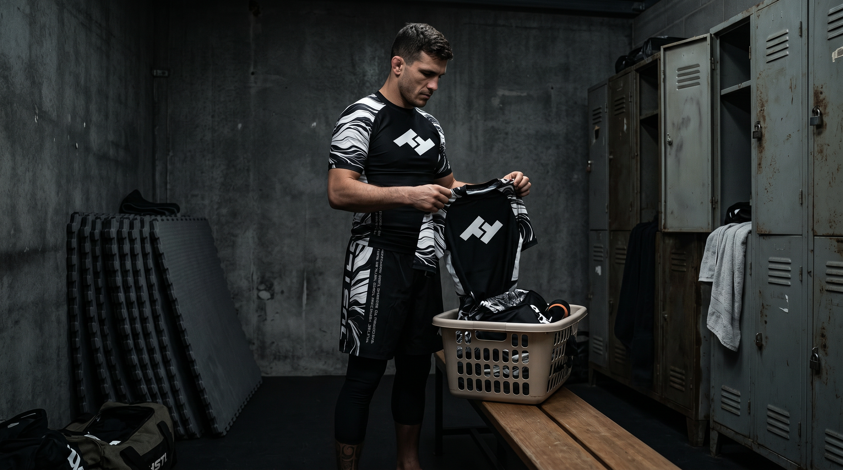 Compétiteur tenant un rashguard noir Competitor V2 au-dessus d'un panier à linge dans un vestiaire de salle de combat - guide comment laver un rashguard - Hustle Fightwear