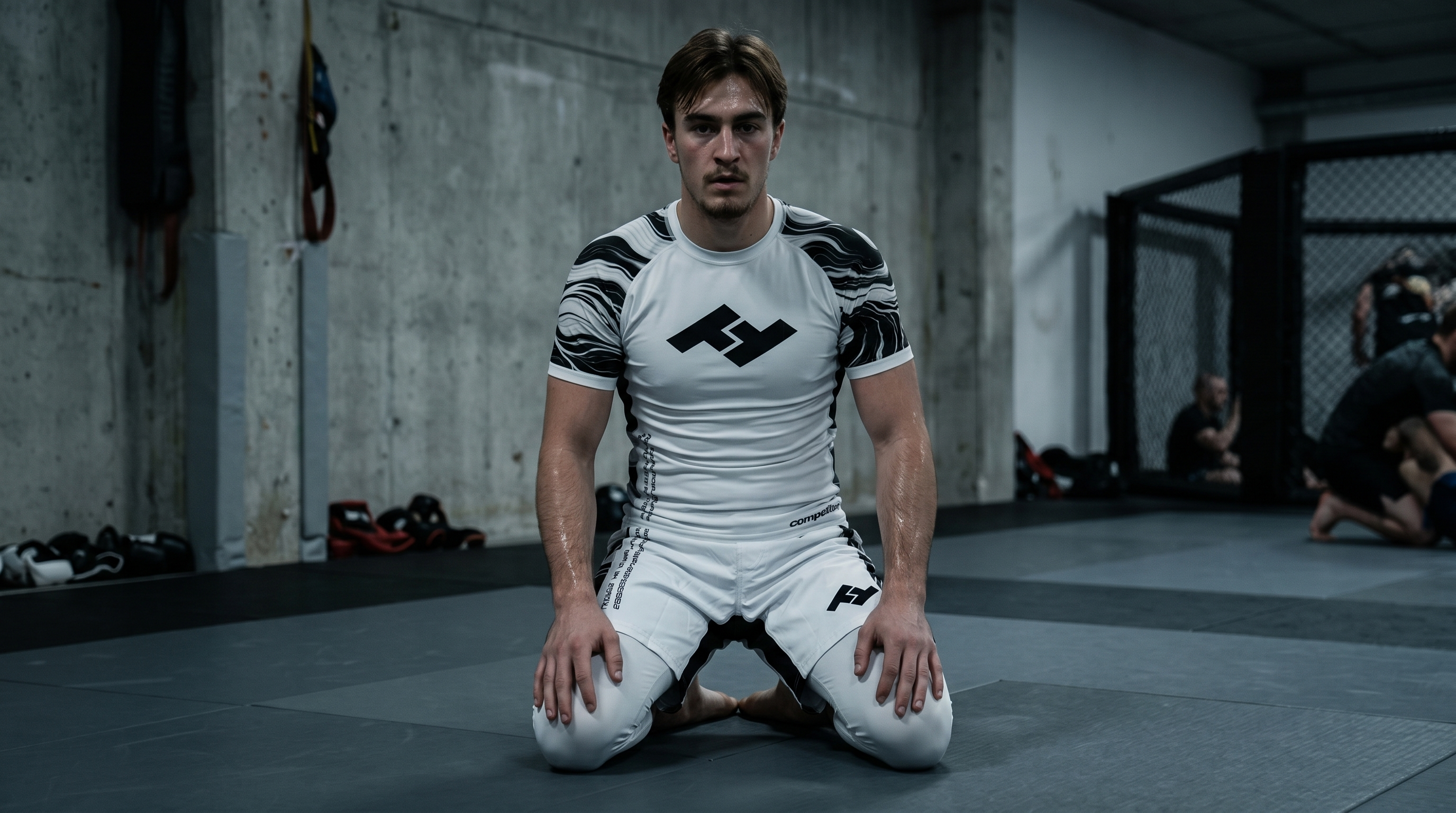 Compétiteur en rashguard Competitor V2 manches courtes sur tatami - guide manches longues vs courtes - Hustle Fightwear