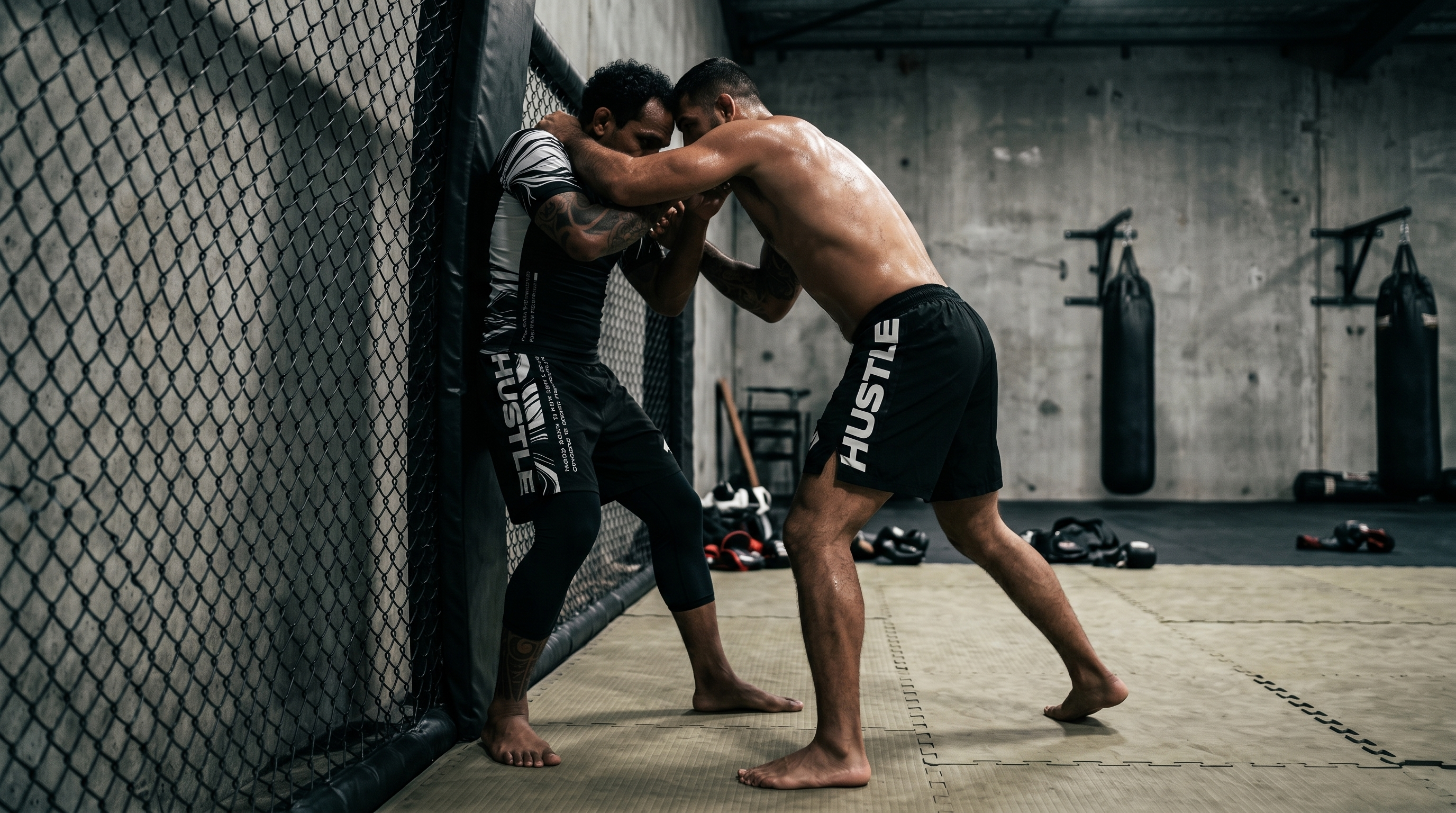 Compétiteur en short MMA noir Hustle Fightwear en sparring cage - bonnes pratiques - Hustle Fightwear