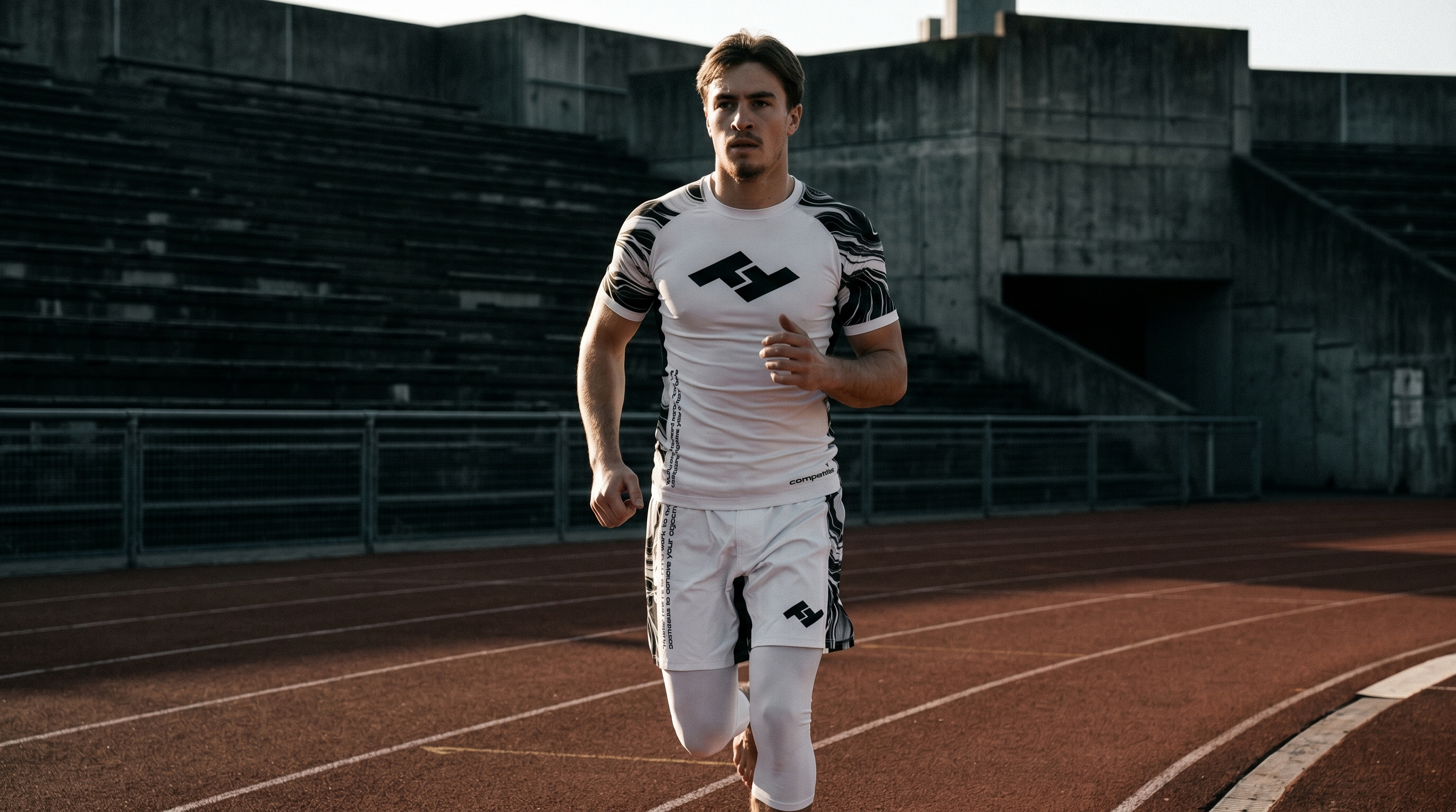 Compétiteur en haut compression blanc à la course sur piste extérieure - guide t-shirt compression course à pied - Hustle Fightwear