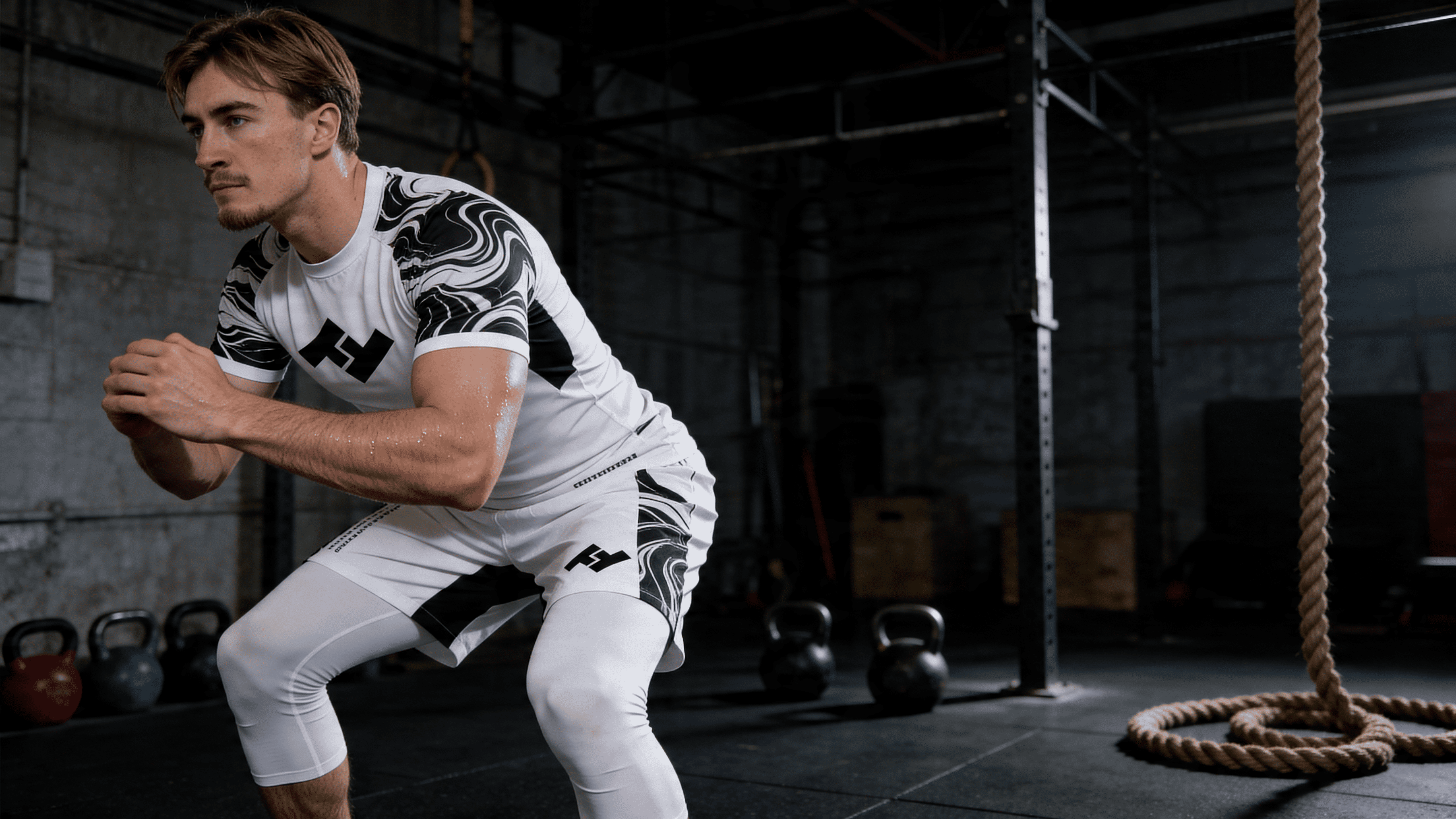 Sportif portant un t-shirt de compression Hustle Fightwear pendant un entraînement intensif en salle