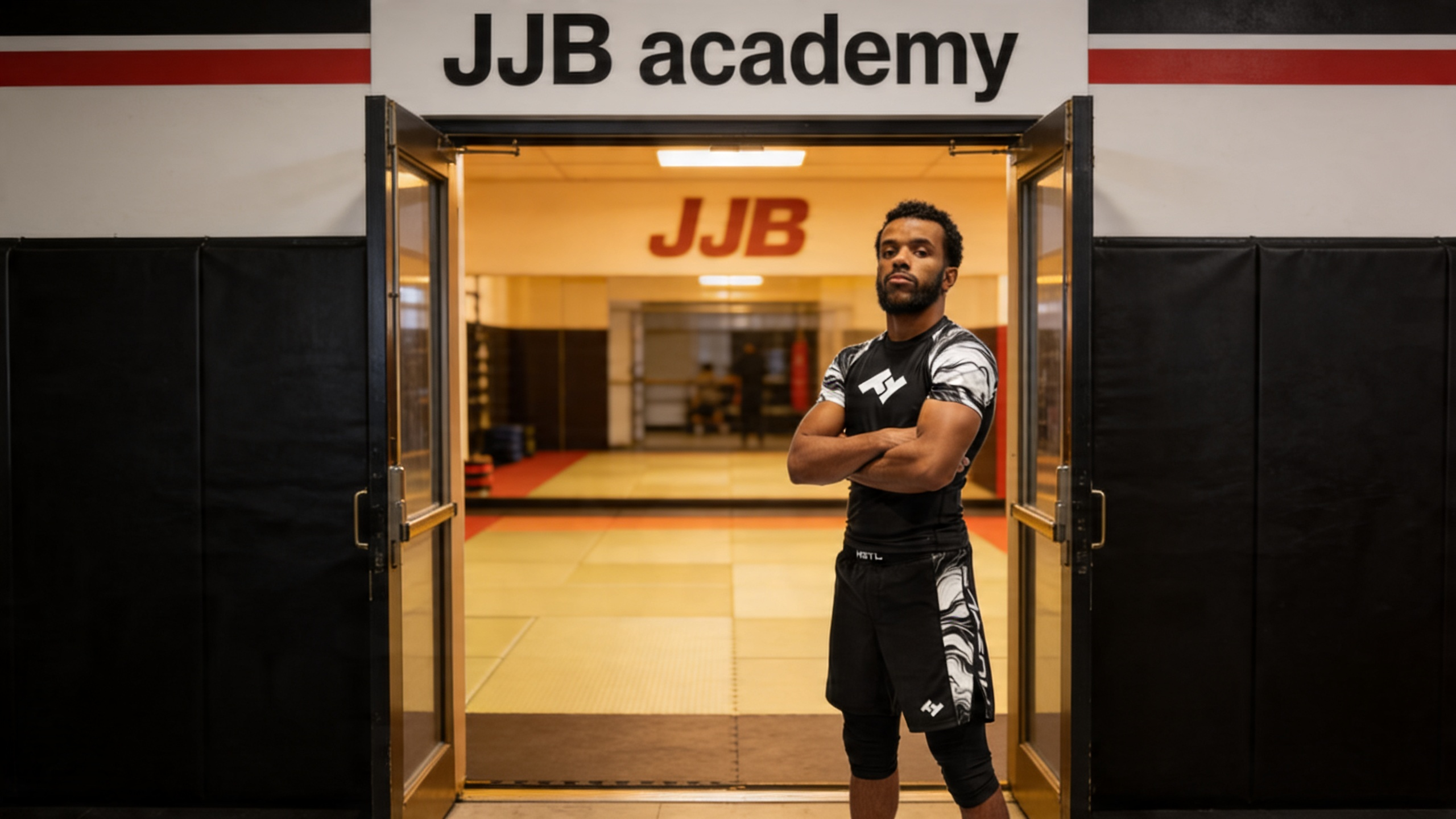 Débutant JJB en équipement Hustle Fightwear à l'entrée d'une académie de jiu-jitsu brésilien