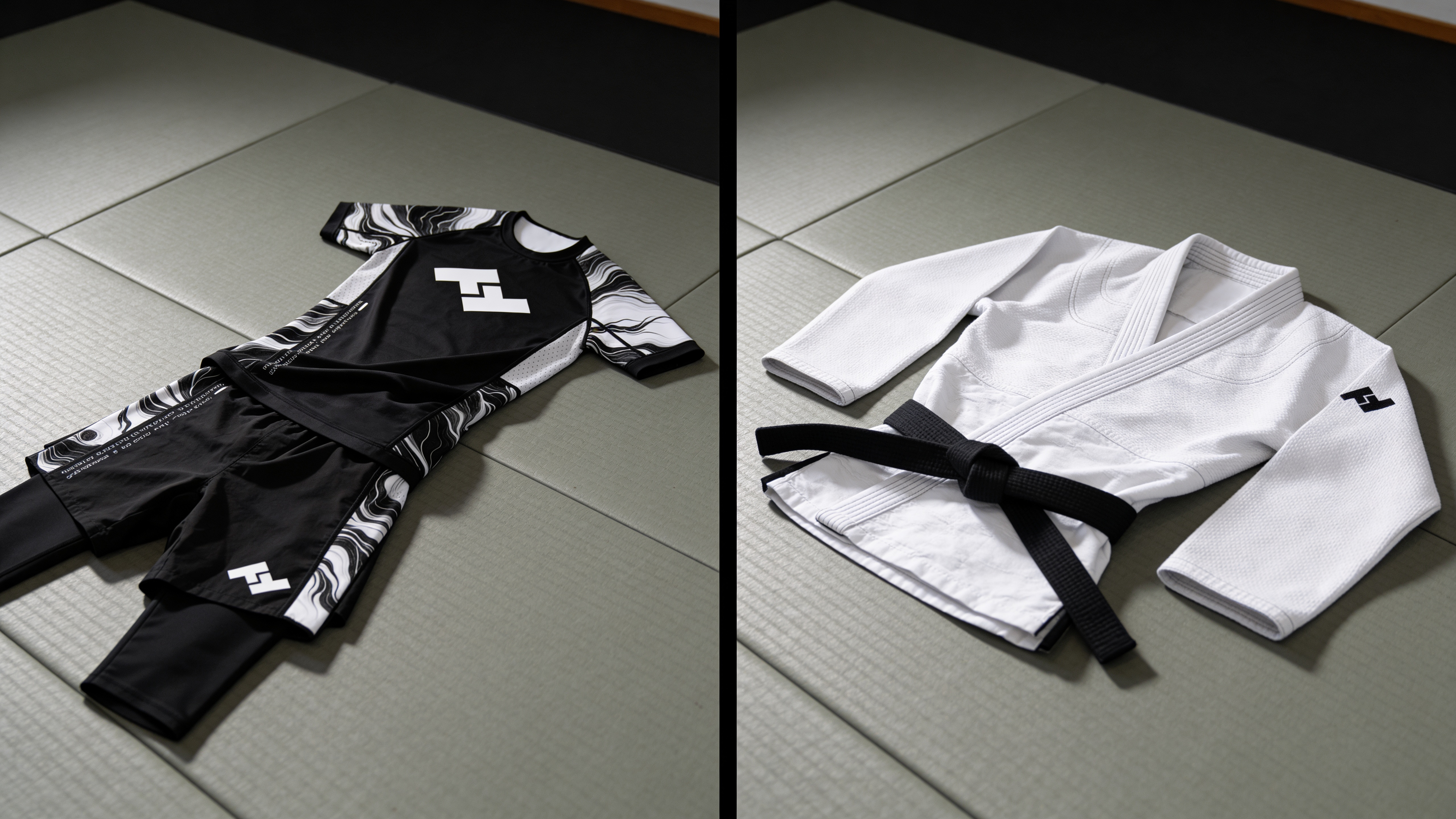 ensemble de grappling hustle fightwear sur un tatami à côté d'un kimono de jjb