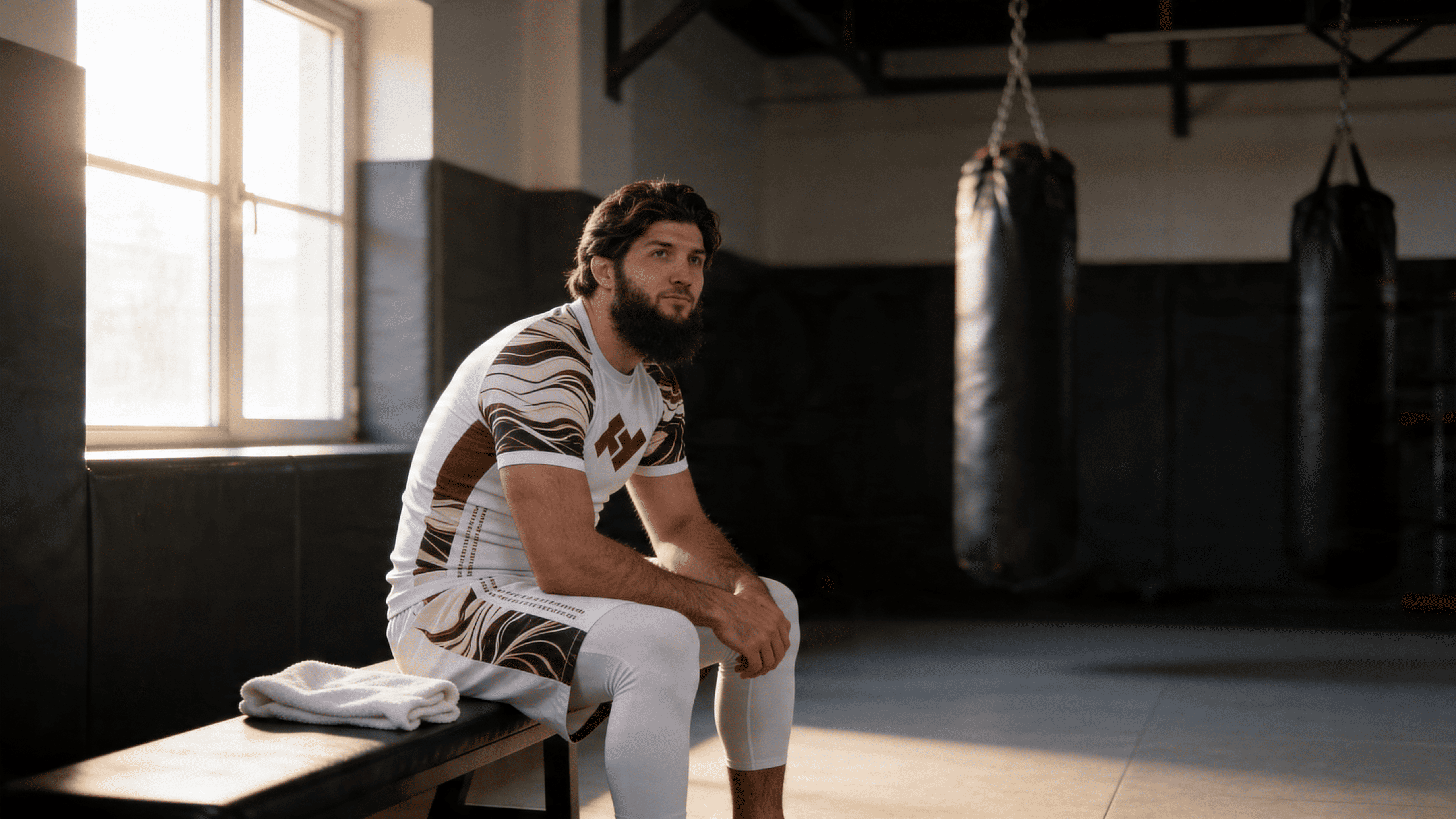 Pratiquant MMA assis sur un banc portant un t-shirt de compression Hustle Fightwear après l'entraînement