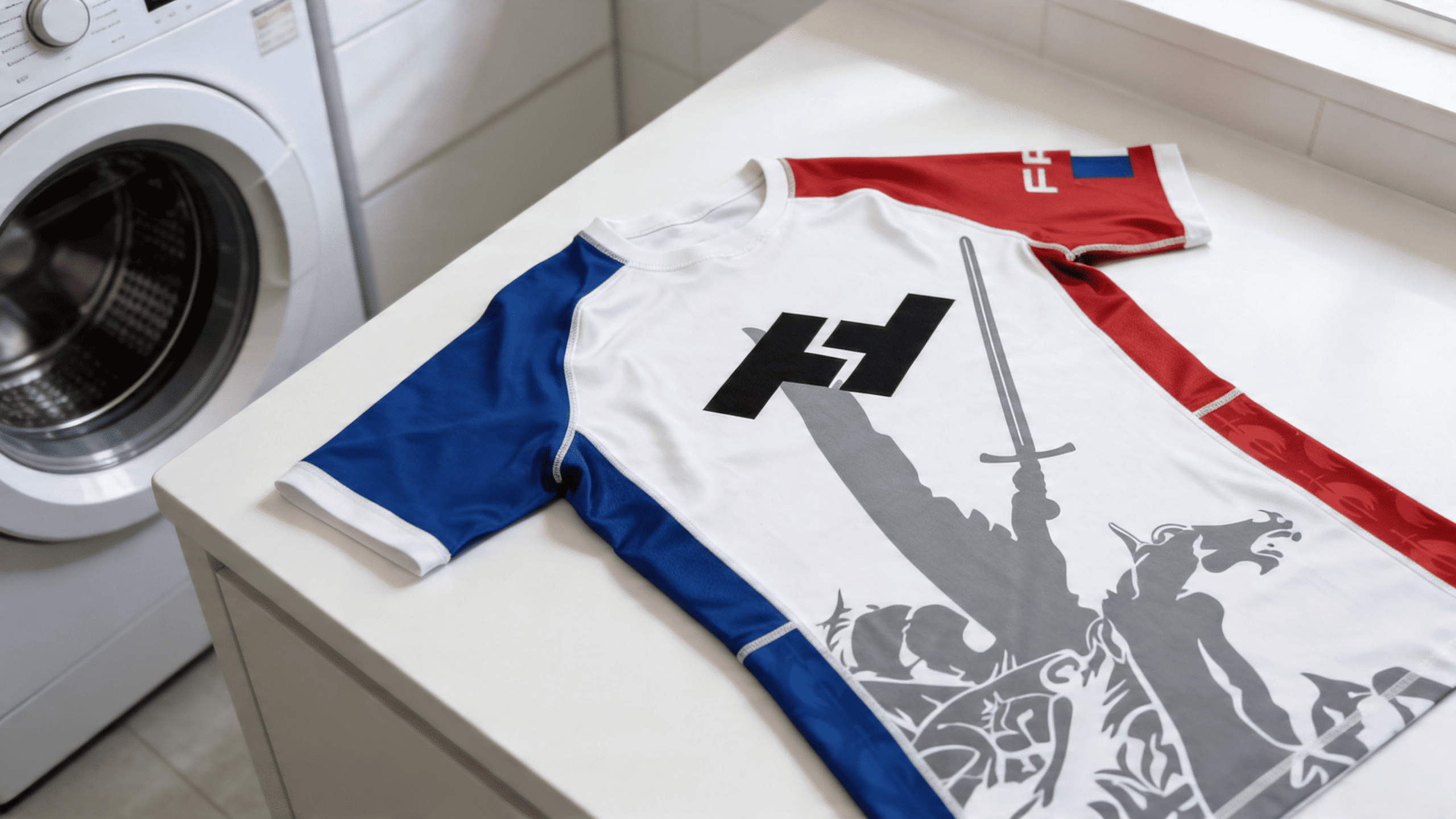 T-shirt de compression Hustle Fightwear posé à plat près d'une machine à laver pour l'entretien