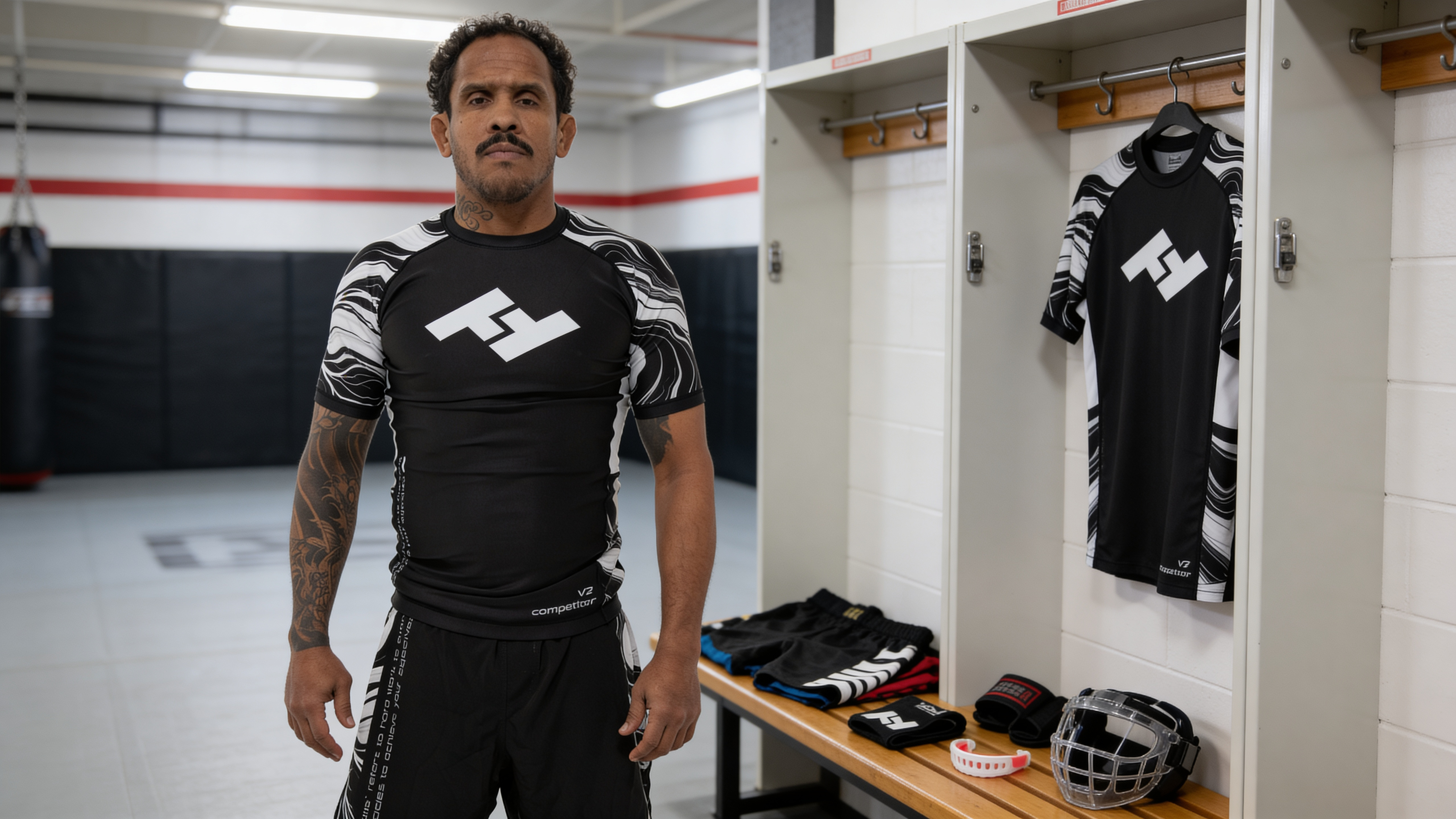 Équipement complet de grappling Hustle Fightwear posé sur un banc : rashguard, short, spats