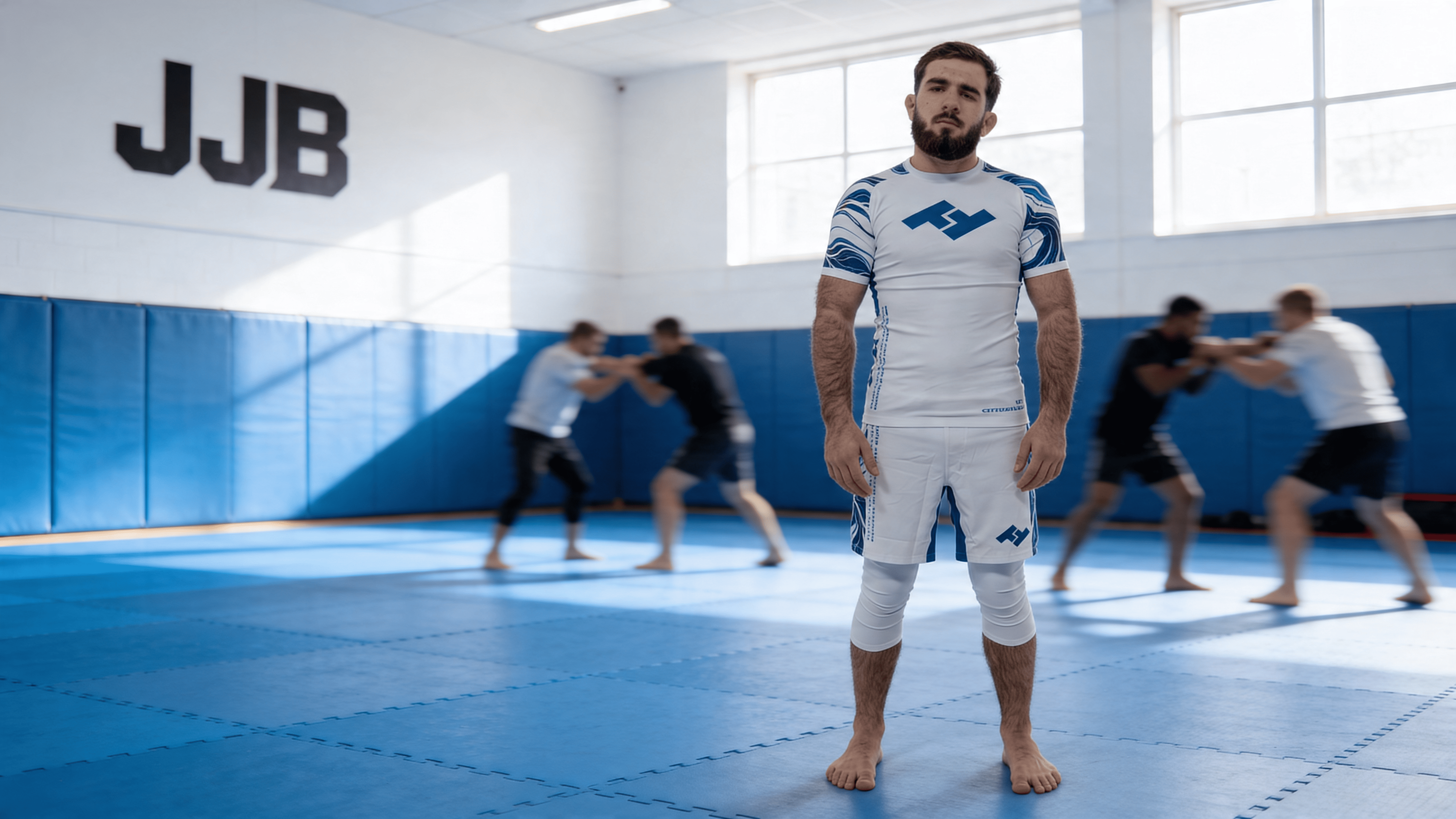 Pratiquant JJB portant un rashguard Hustle Fightwear dans une académie de jiu-jitsu avec tatamis bleus