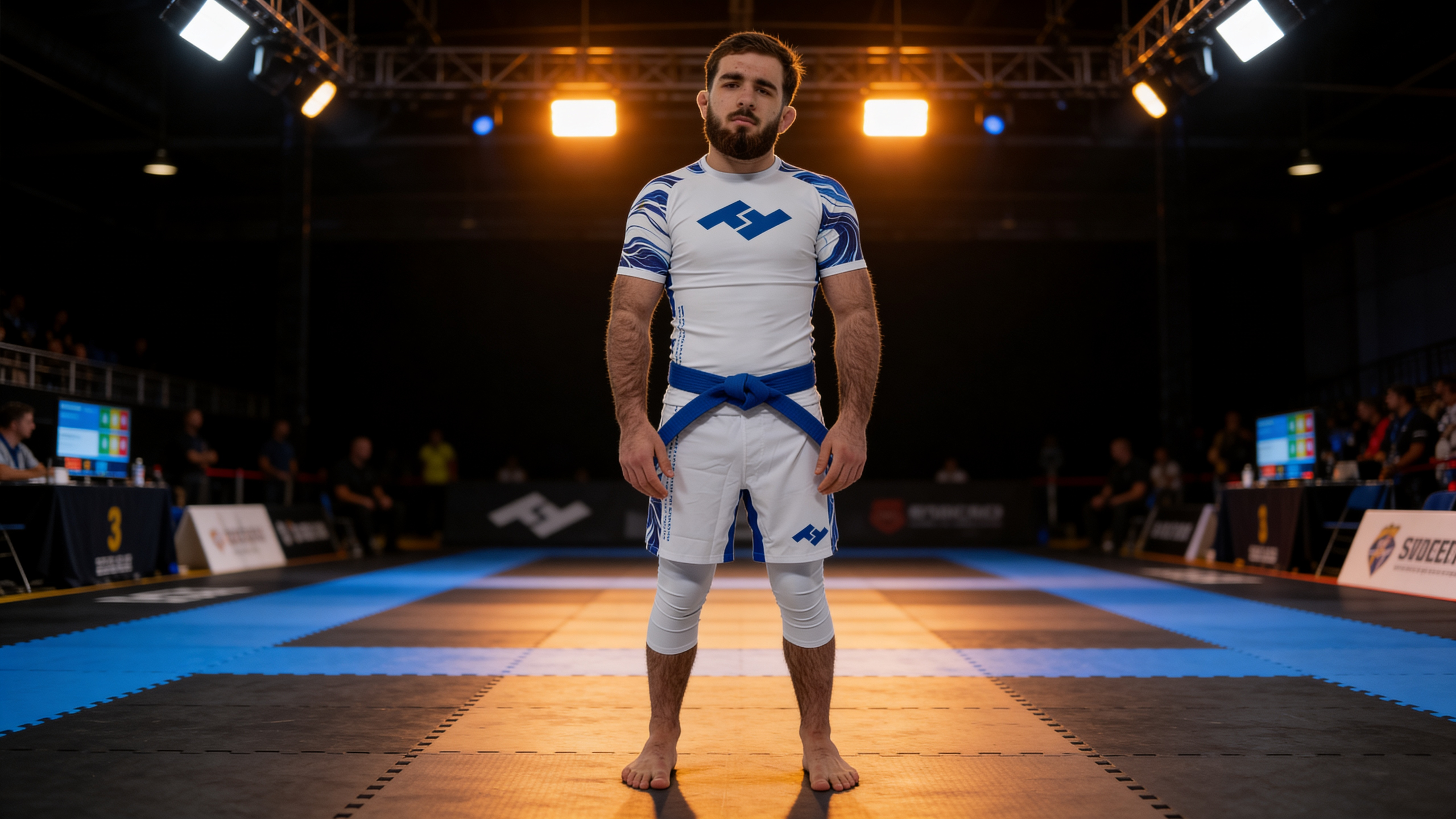 Compétiteur ceinture bleue en rashguard noir avec accents bleus Hustle Fightwear