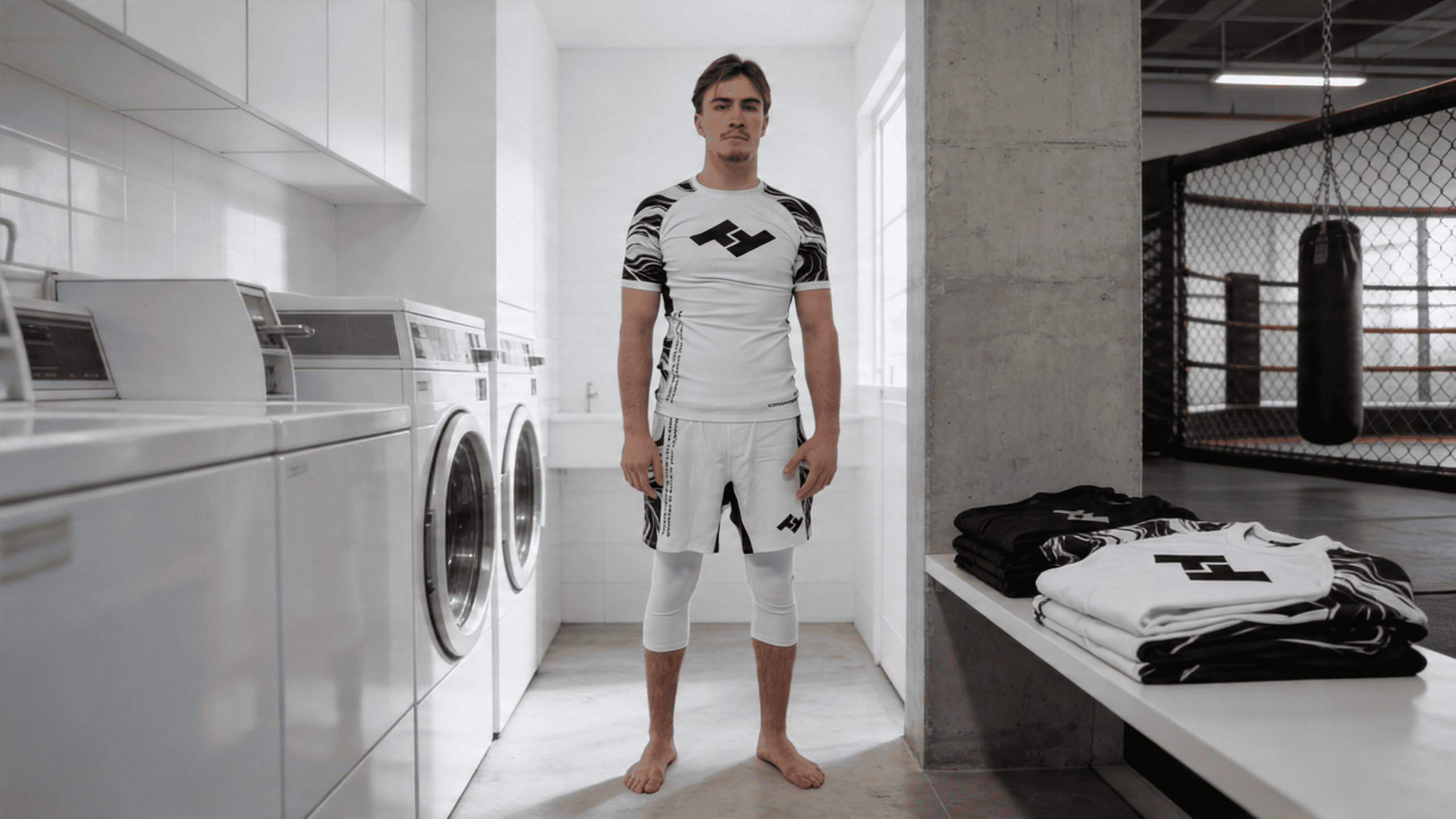 Rashguard Hustle Fightwear posé dans un espace d'entretien près d'une salle de sports de combat