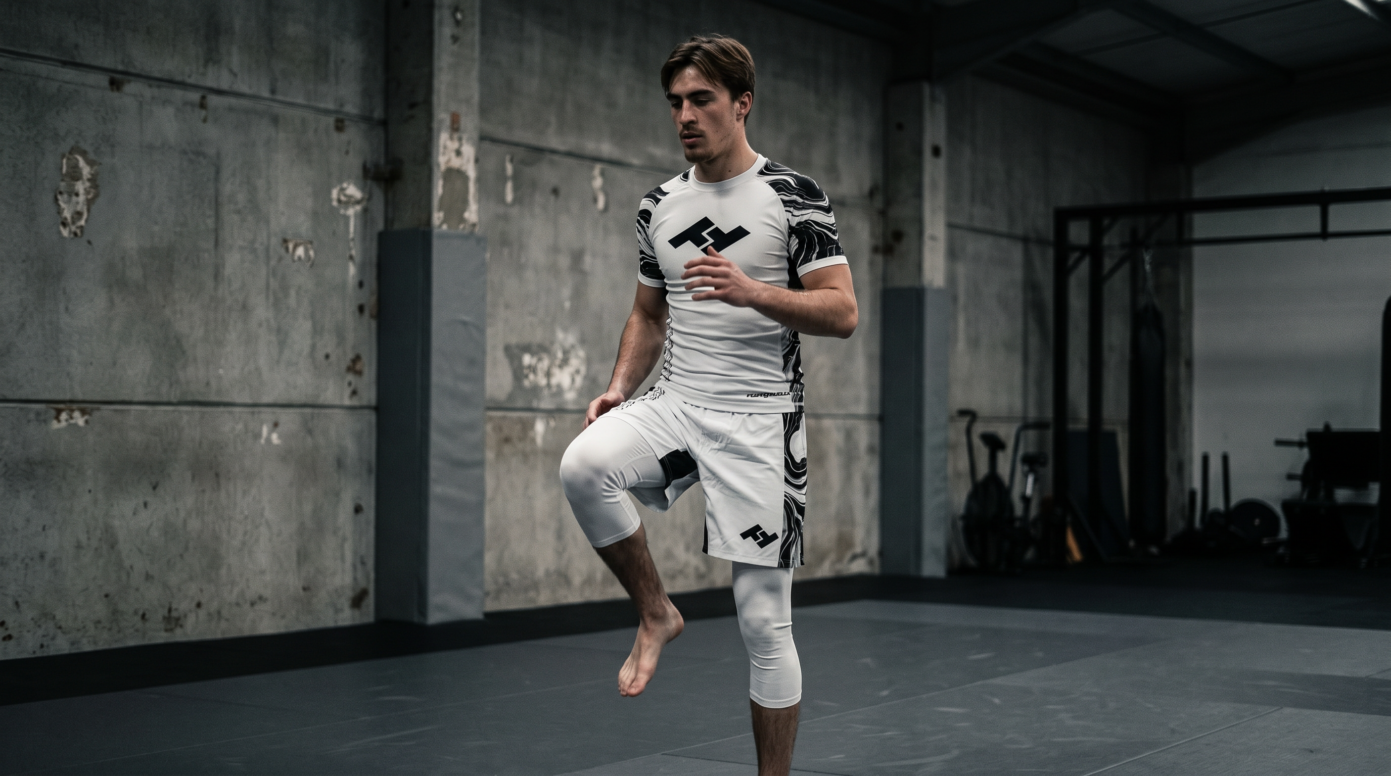 Compétiteur en rashguard blanc Competitor V2 s'échauffant avec des montées de genoux sur tatami - routine échauffement JJB - Hustle Fightwear