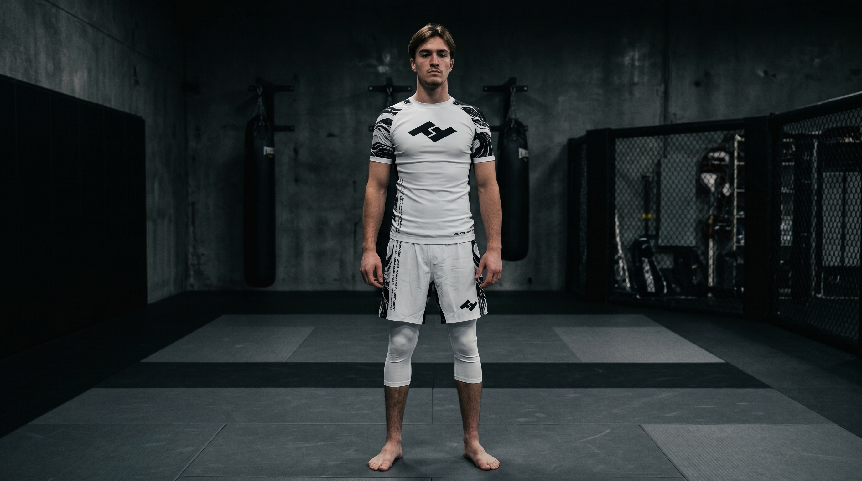 Compétiteur adulte en rashguard Competitor V2 blanc sur tatami - système grades ceintures JJB - Hustle Fightwear