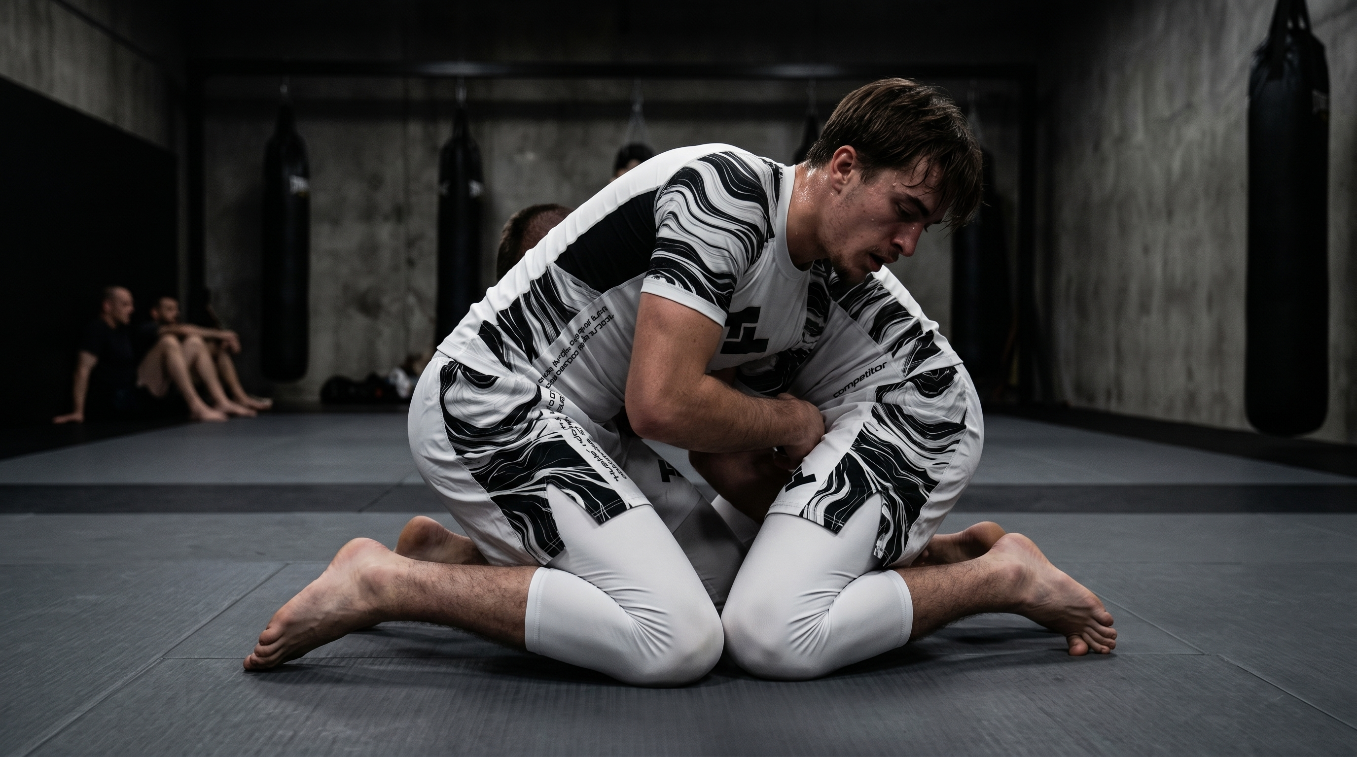 Compétiteur en garde fermée sur tatami en rashguard blanc Competitor V2 - guide meilleur rashguard JJB 2026 - Hustle Fightwear