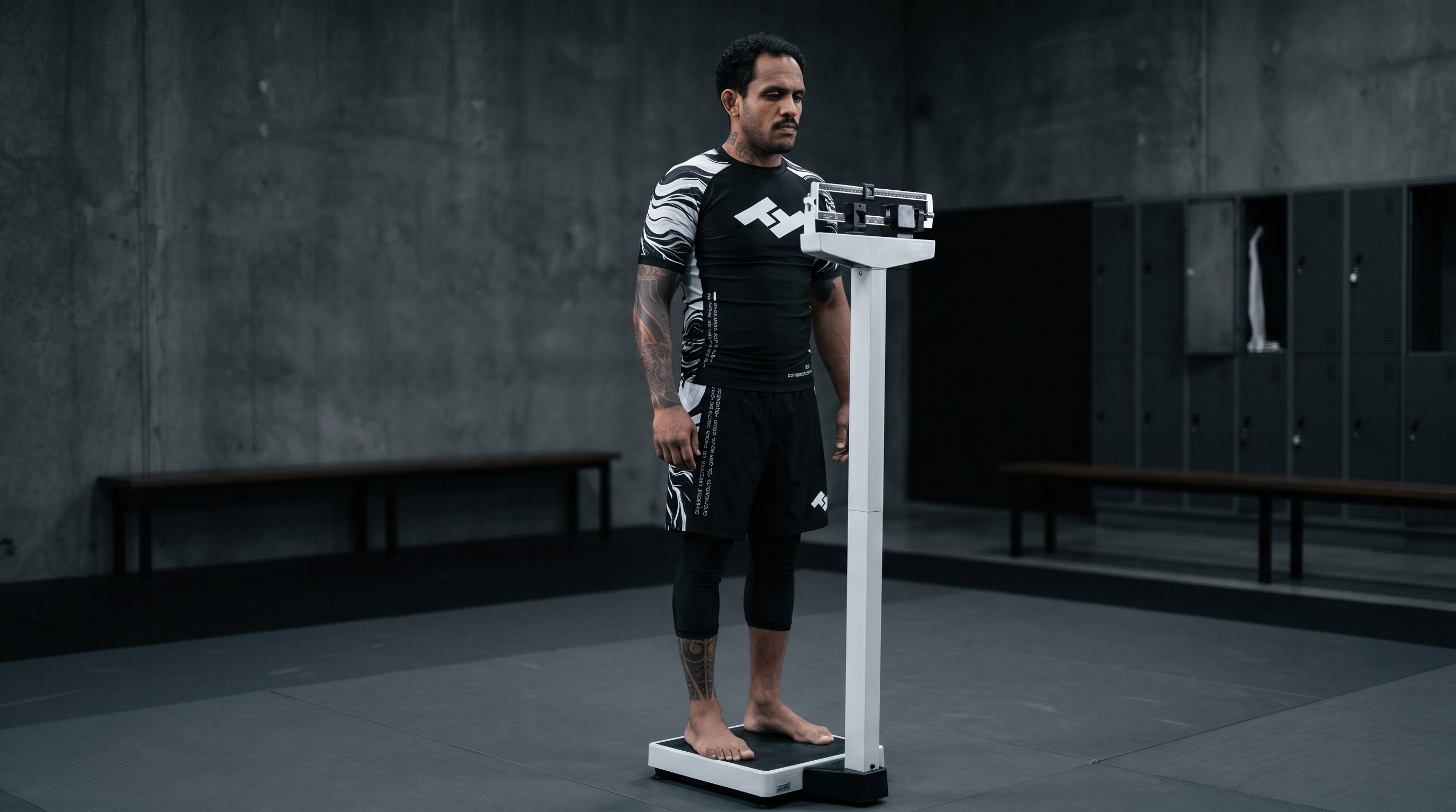 Compétiteur en rashguard noir sur balance de pesée dans vestiaire de combat - guide pesée JJB MMA catégories de poids - Hustle Fightwear