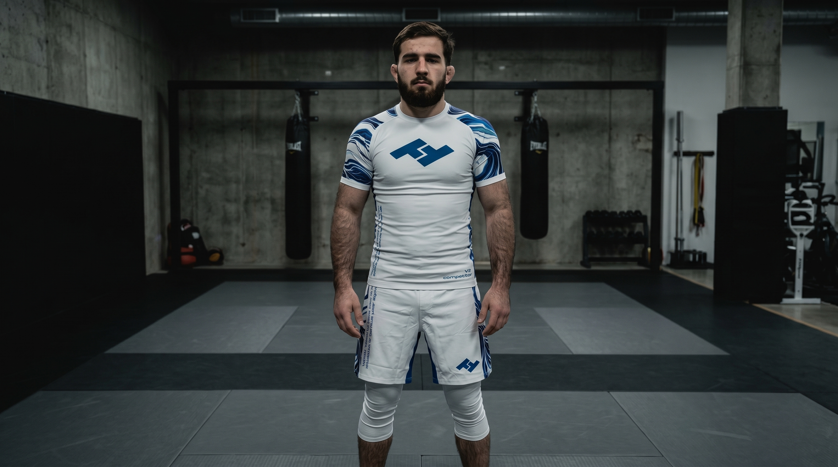 Compétiteur ceinture bleue en rashguard bleu Competitor V2 sur tatami de compétition - Hustle Fightwear