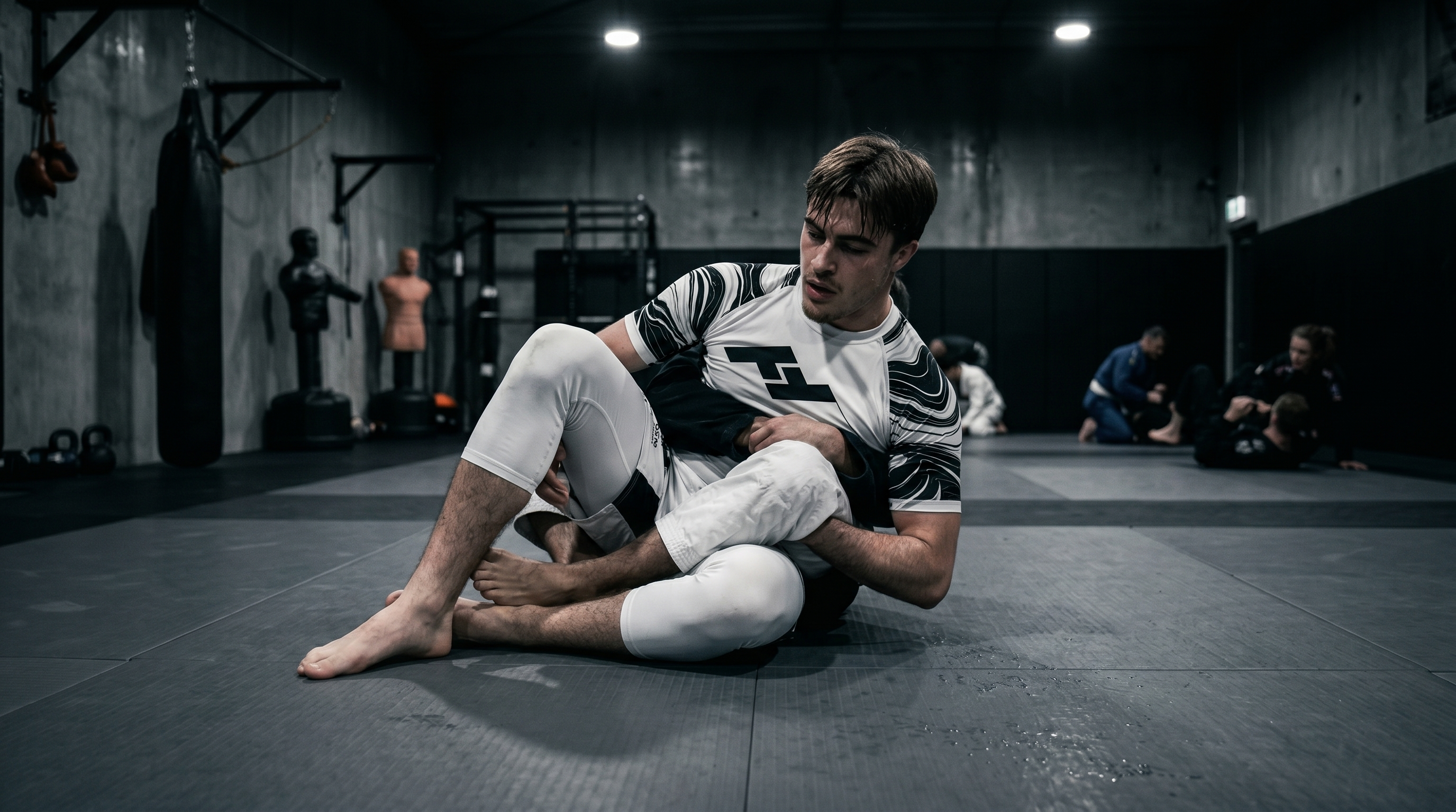 Compétiteur ceinture blanche en rashguard JJB blanc Competitor V2 en garde fermée sur tatami - Hustle Fightwear