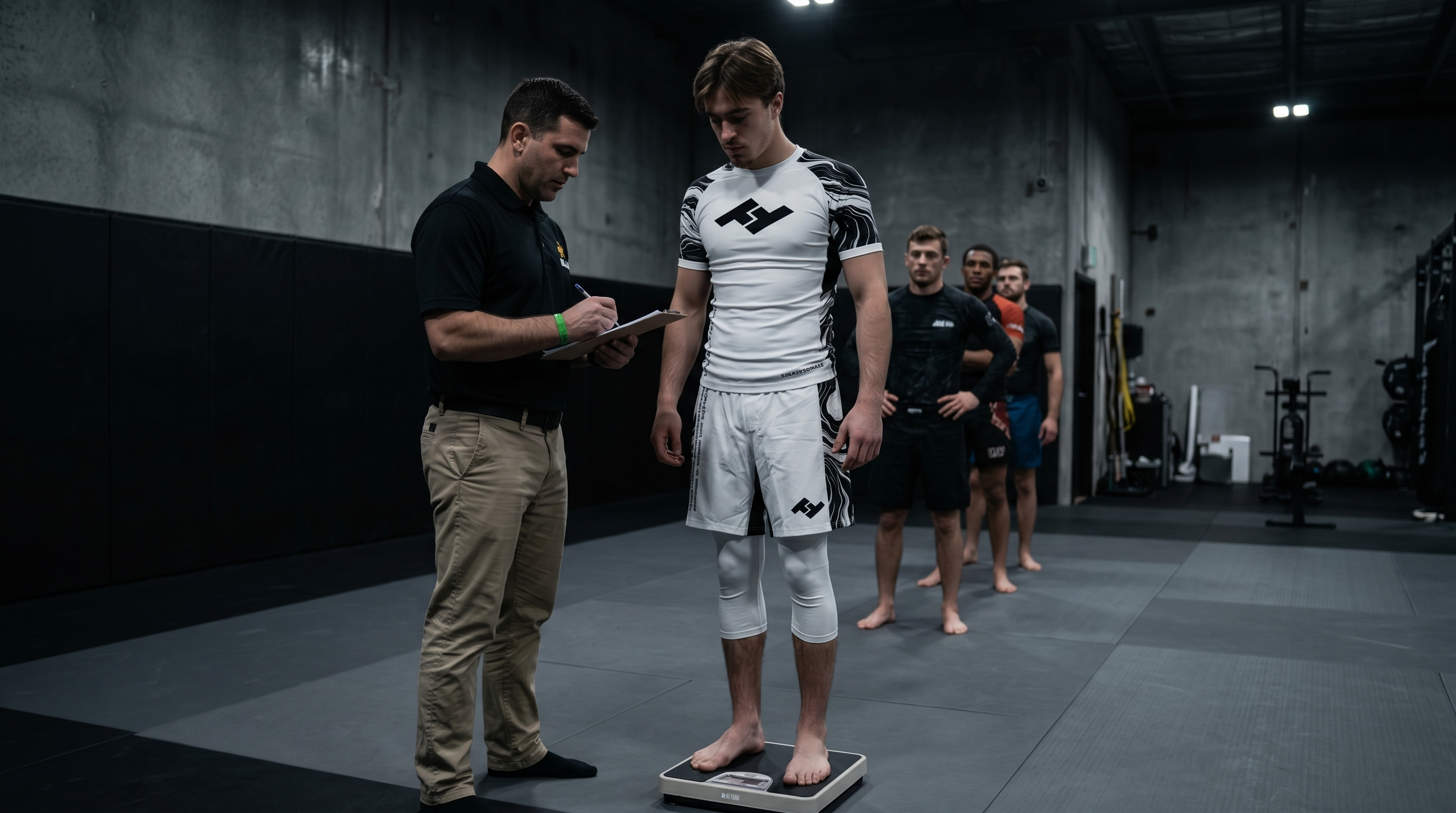 Compétiteur en rashguard Competitor V2 blanc à la pesée IBJJF nogi 2026 - Hustle Fightwear