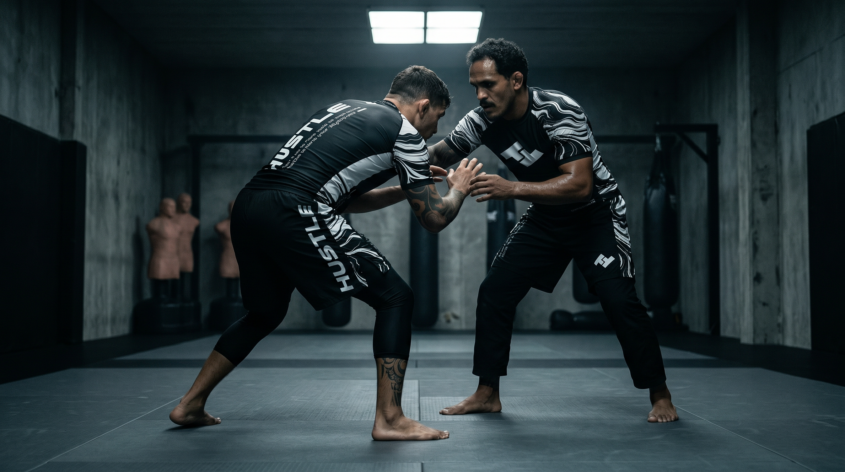 Compétiteurs en sparring sur tatami rashguard noir Competitor V2 - comparatif Scramble vs Hustle Fightwear - Hustle Fightwear