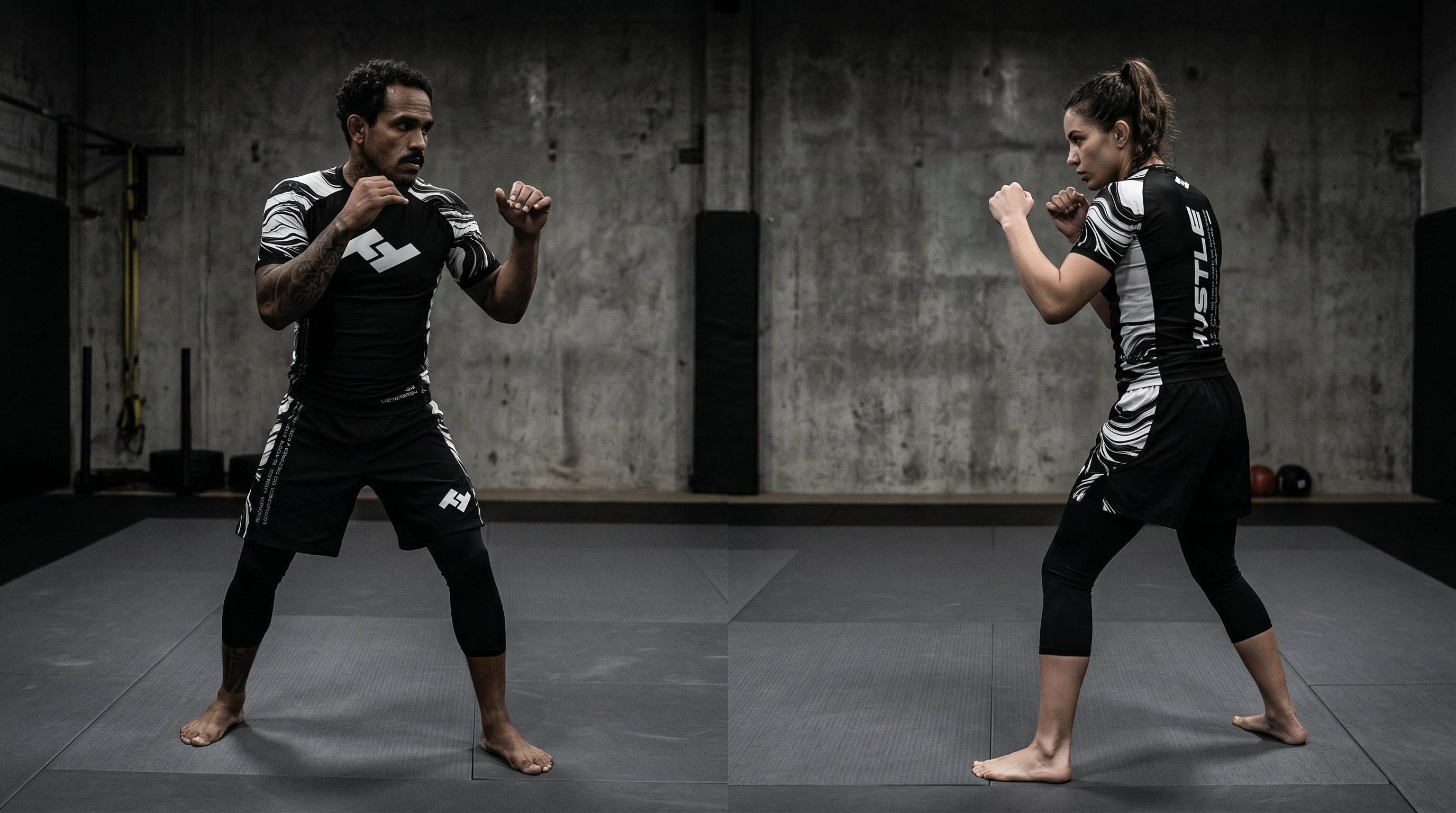 Short MMA homme et femme côte-à-côte sur tatami de combat - comparatif coupes - Hustle Fightwear